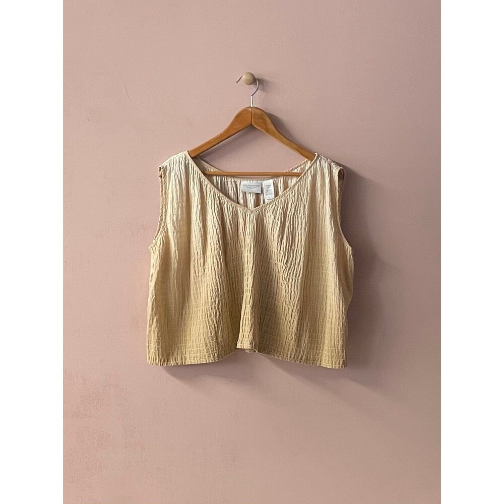 Vintage Liz Claiborne LizWear Jeans Petite Tan Smocked Oversized Crop Top Sz PM